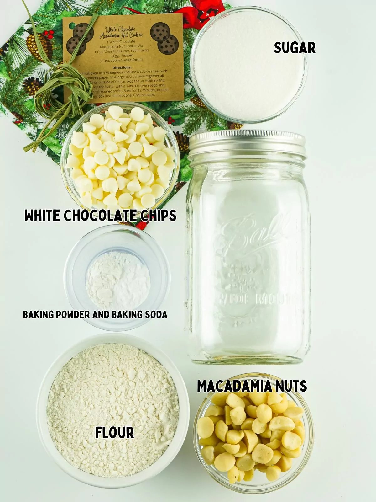 Ingredients for mason jar cookies with macadamia nuts.