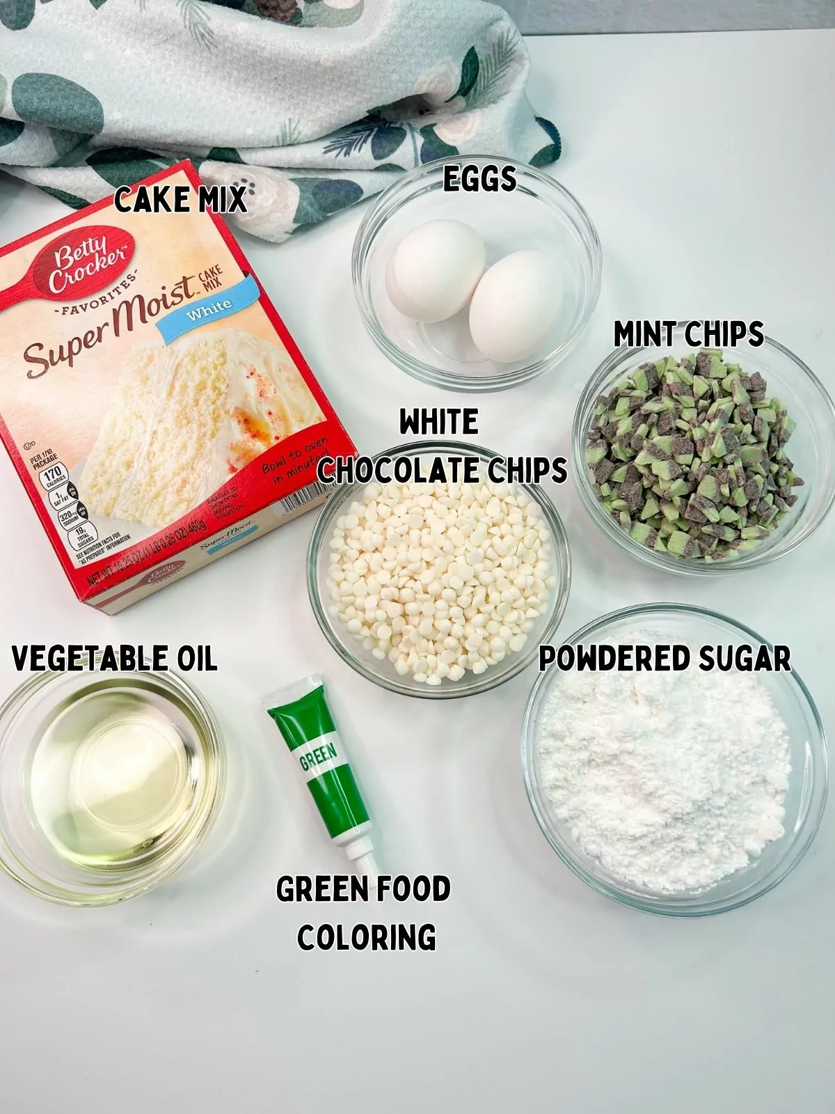 Ingredients for green tinted cake mix cookies.