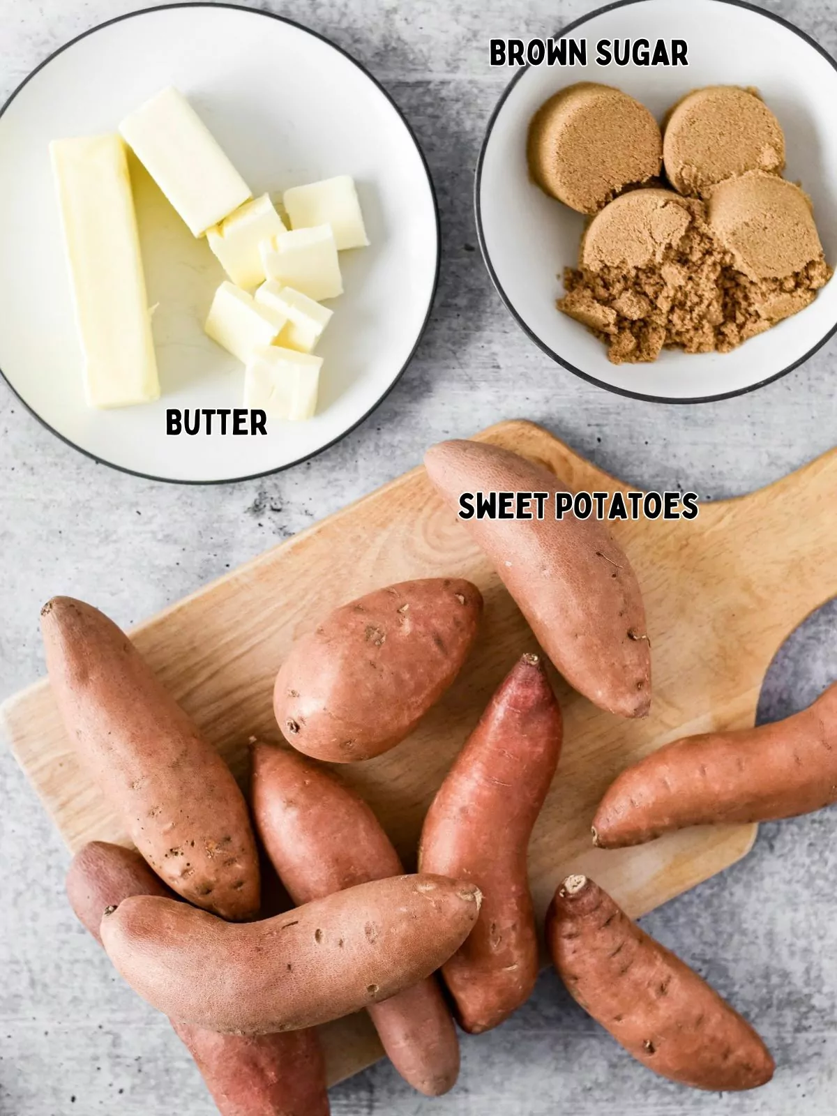 Ingredients for thanksgiving candied sweet potatoes recipe.
