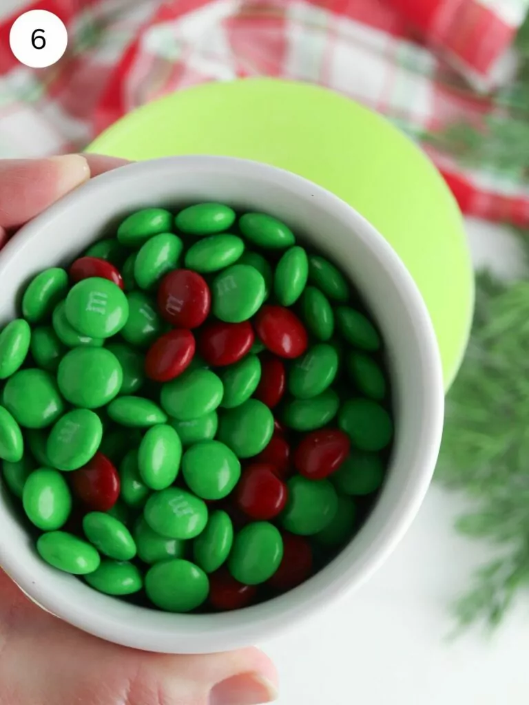 red and green M&Ms in bowl.