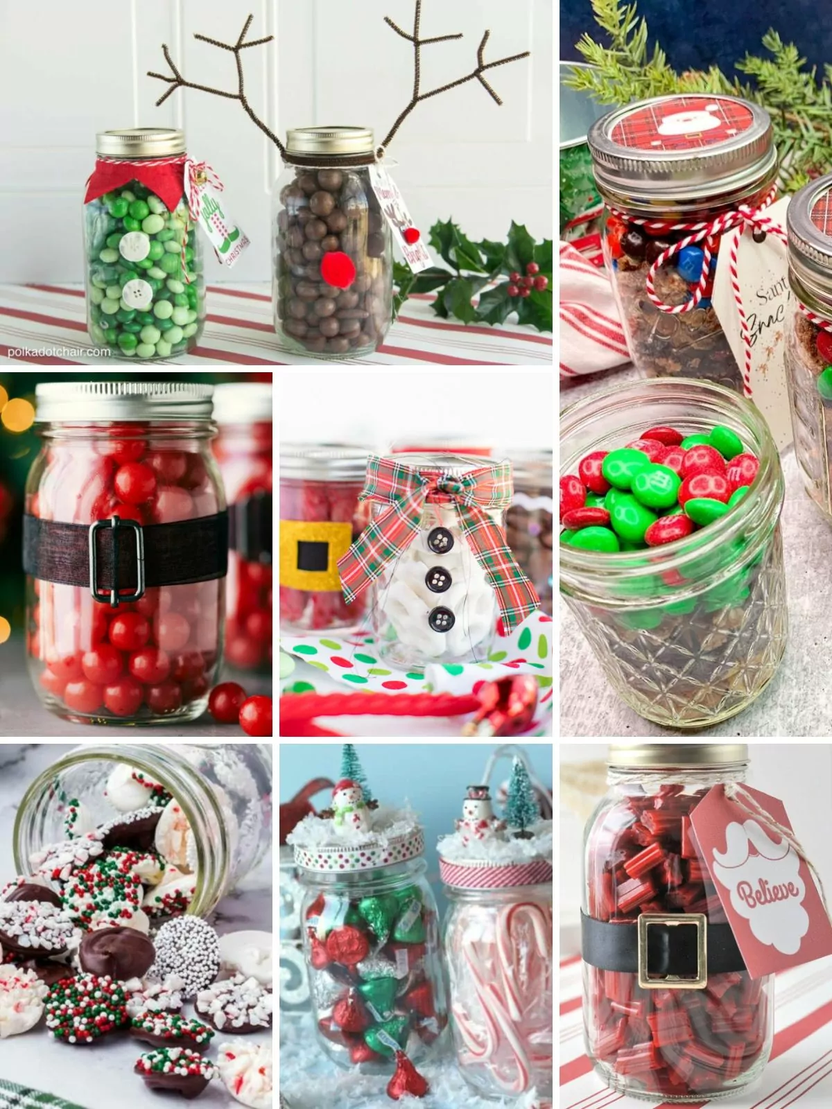 collection of candy recipes in mason jars for holiday gifts.