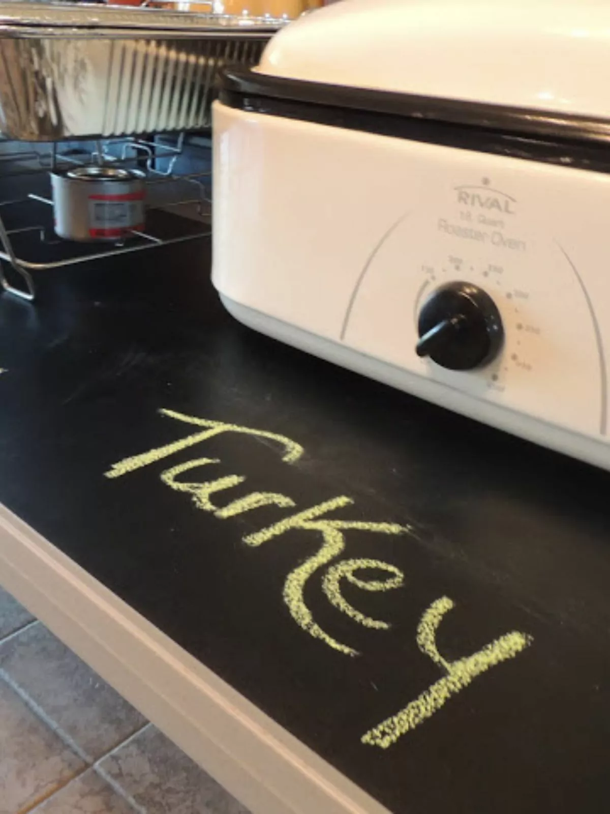 Turkey written in chalk on buffet table.