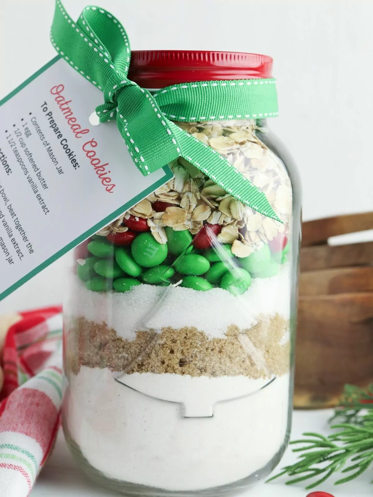 mason jar with cookie mix and printable recipe card.