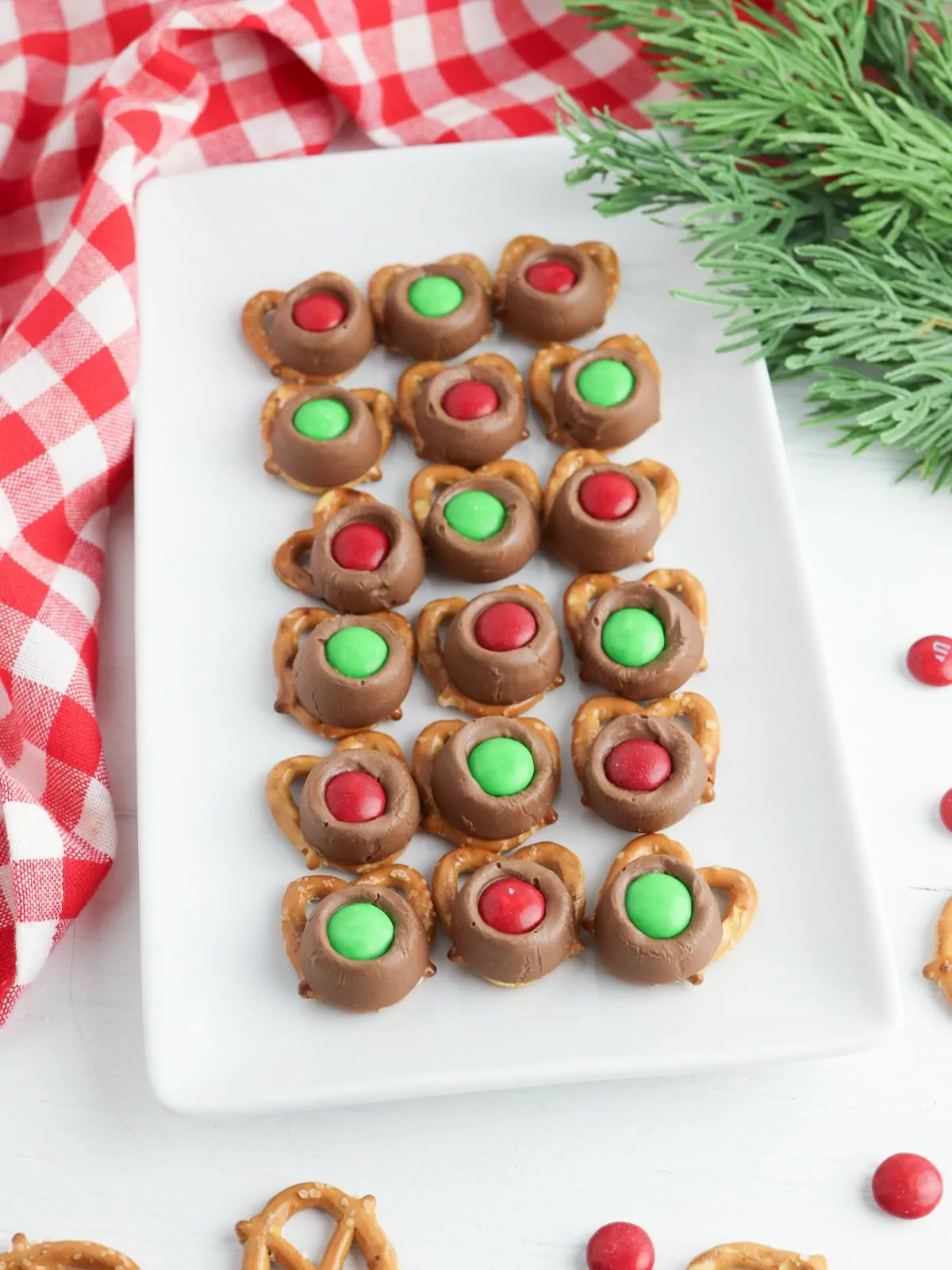 Reindeer Pretzels with Rolo Candy and M&Ms.
