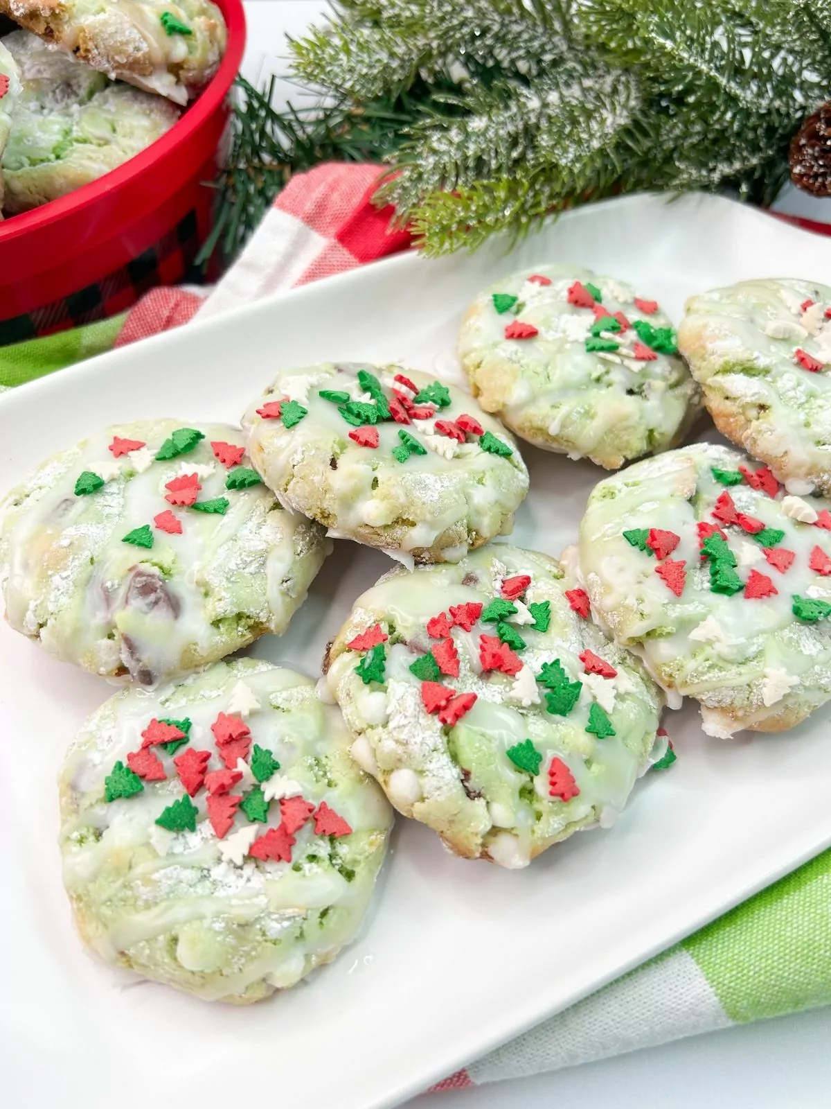 Mint Christmas cookies on white tray.
