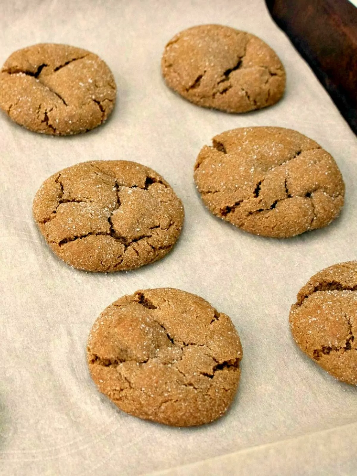 Baked gingersnap cookies on baking tray.