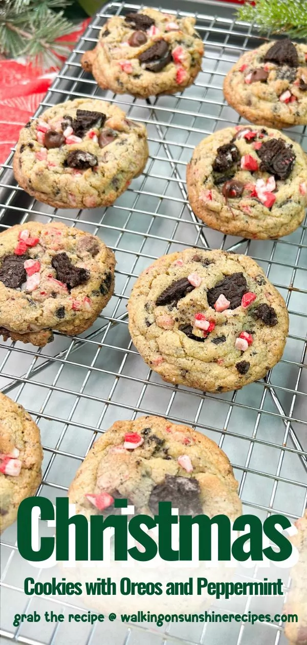 cookies on cooling rack that are made with crushed Oreo cookies, peppermint baking chips and chocolate chips.