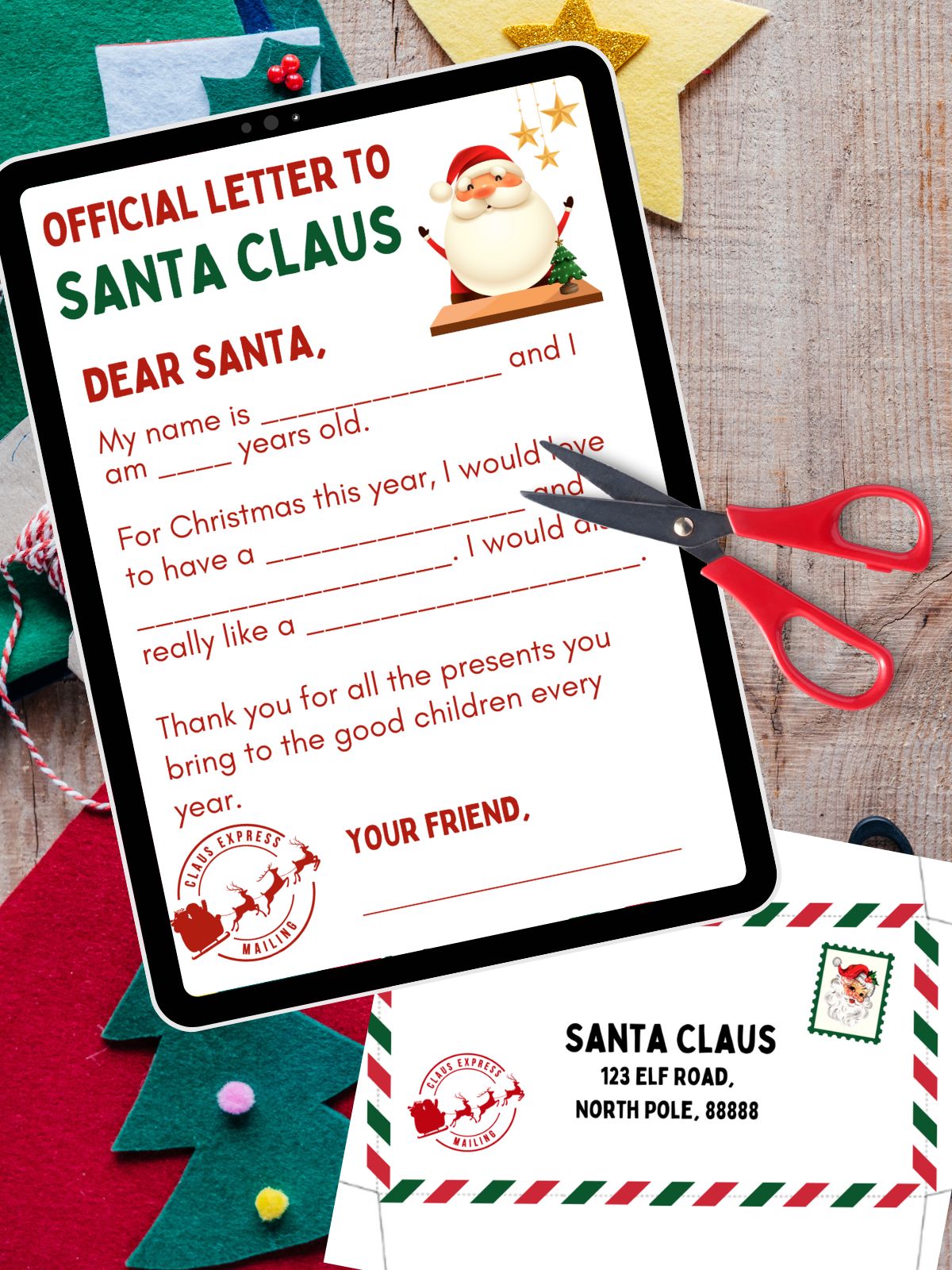 Printable letter to Santa with envelope.