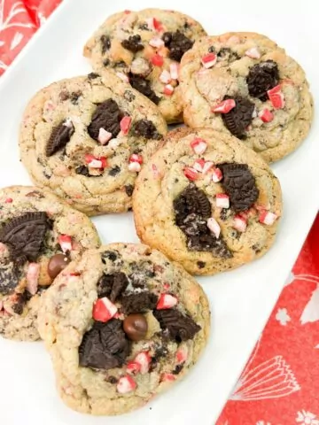 Oreo Peppermint Chocolate Chip Cookies on a white platter