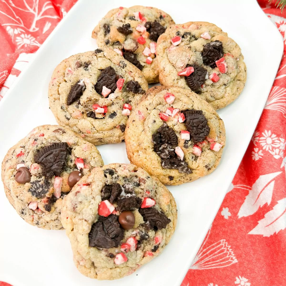 Oreo Peppermint Chocolate Chip Cookies on a white platter