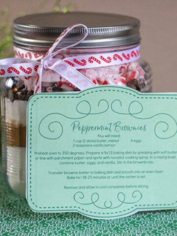 Peppermint brownie mix in a jar with printable label.