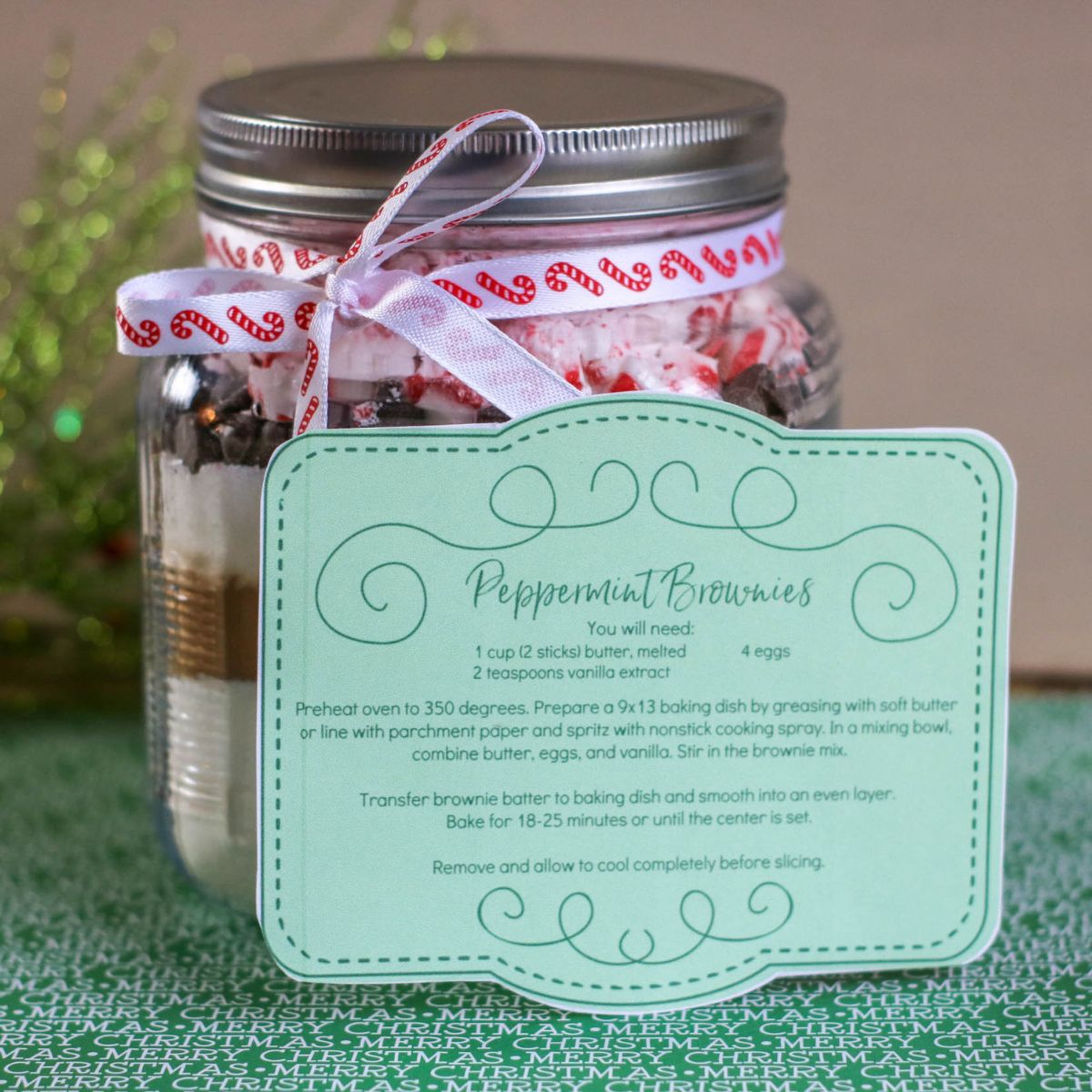 Peppermint brownie mix in a jar with printable label.