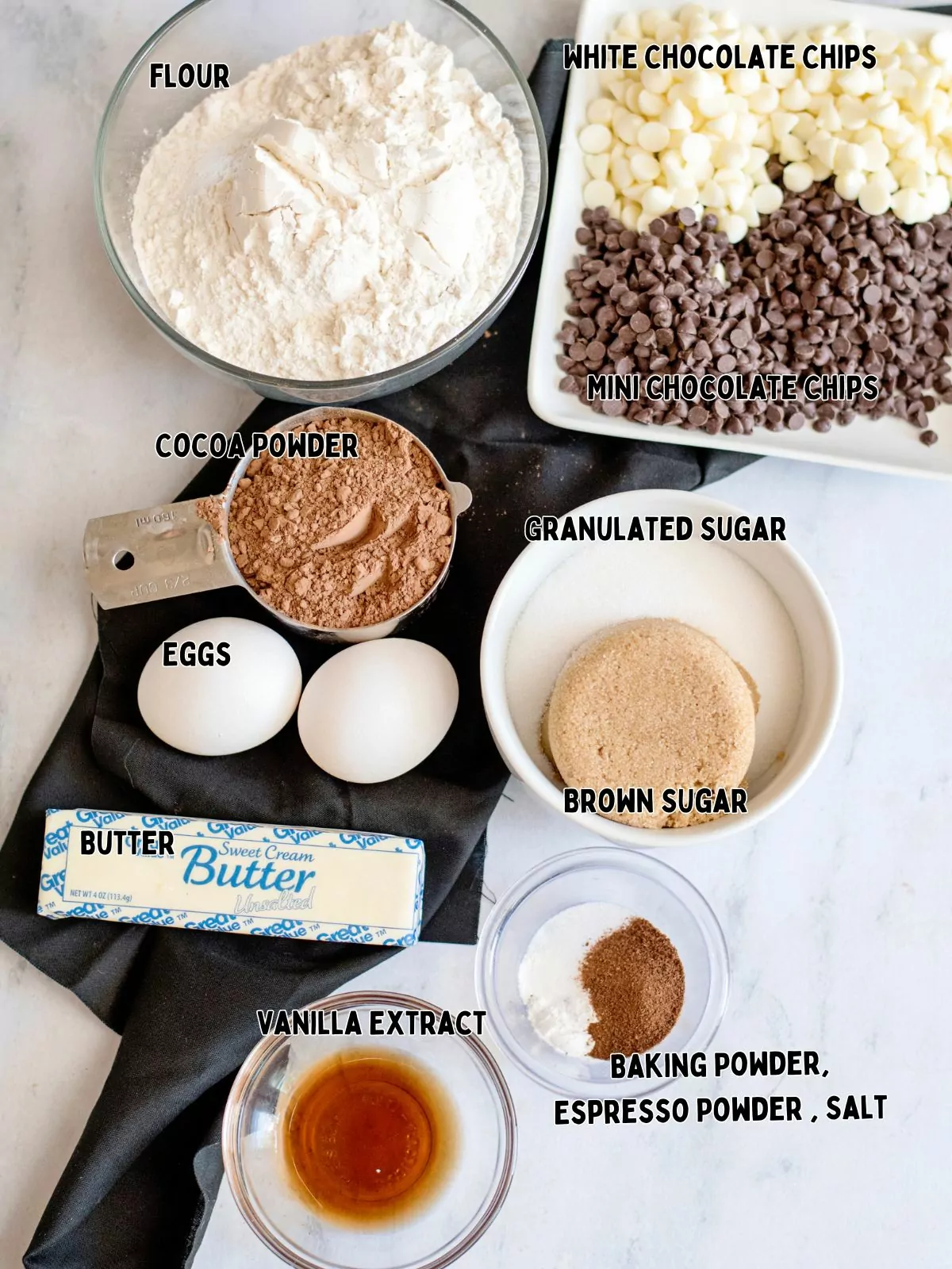 Ingredients for double chocolate cookies.