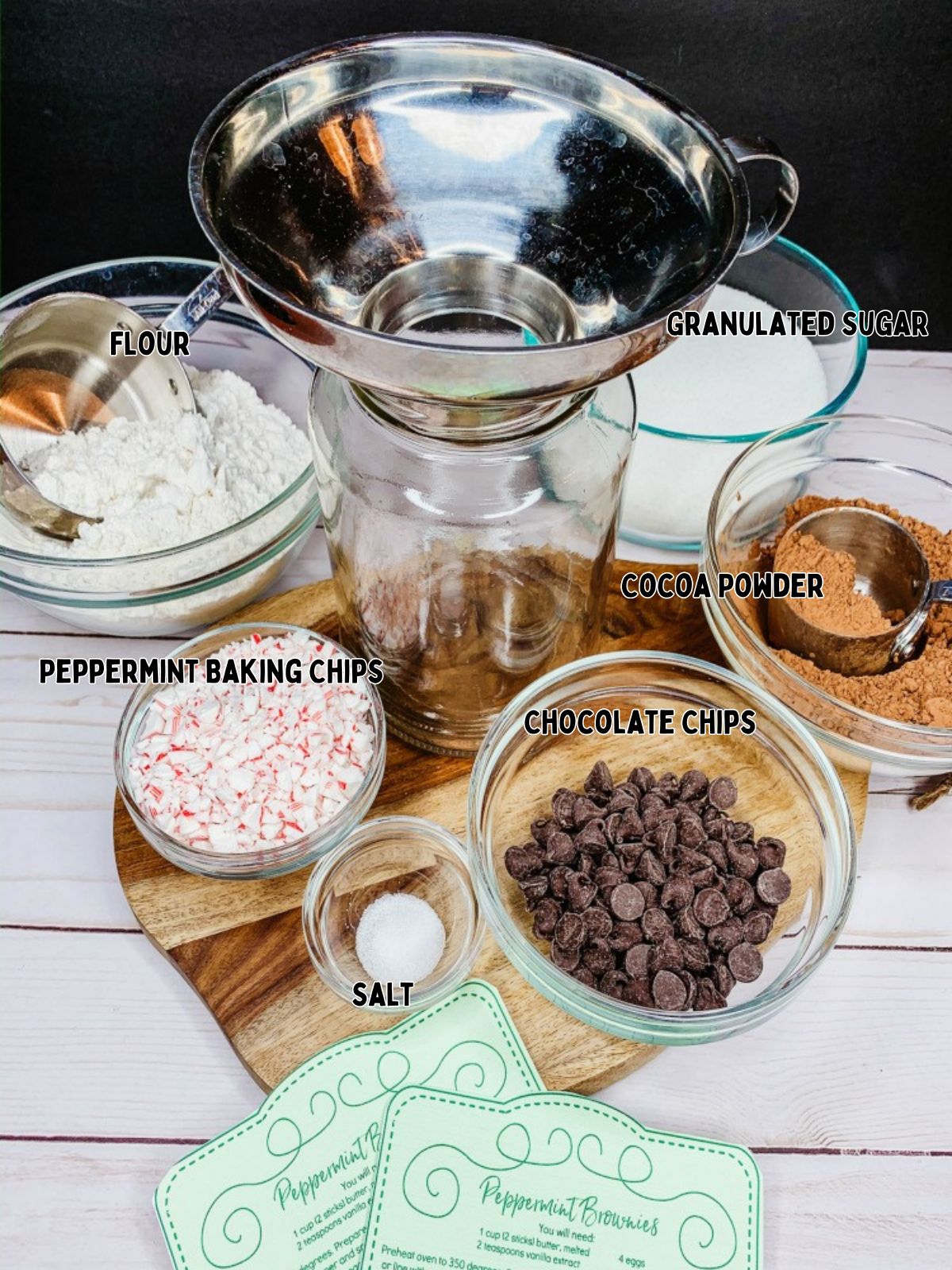 Ingredients for brownies in a jar for Christmas.