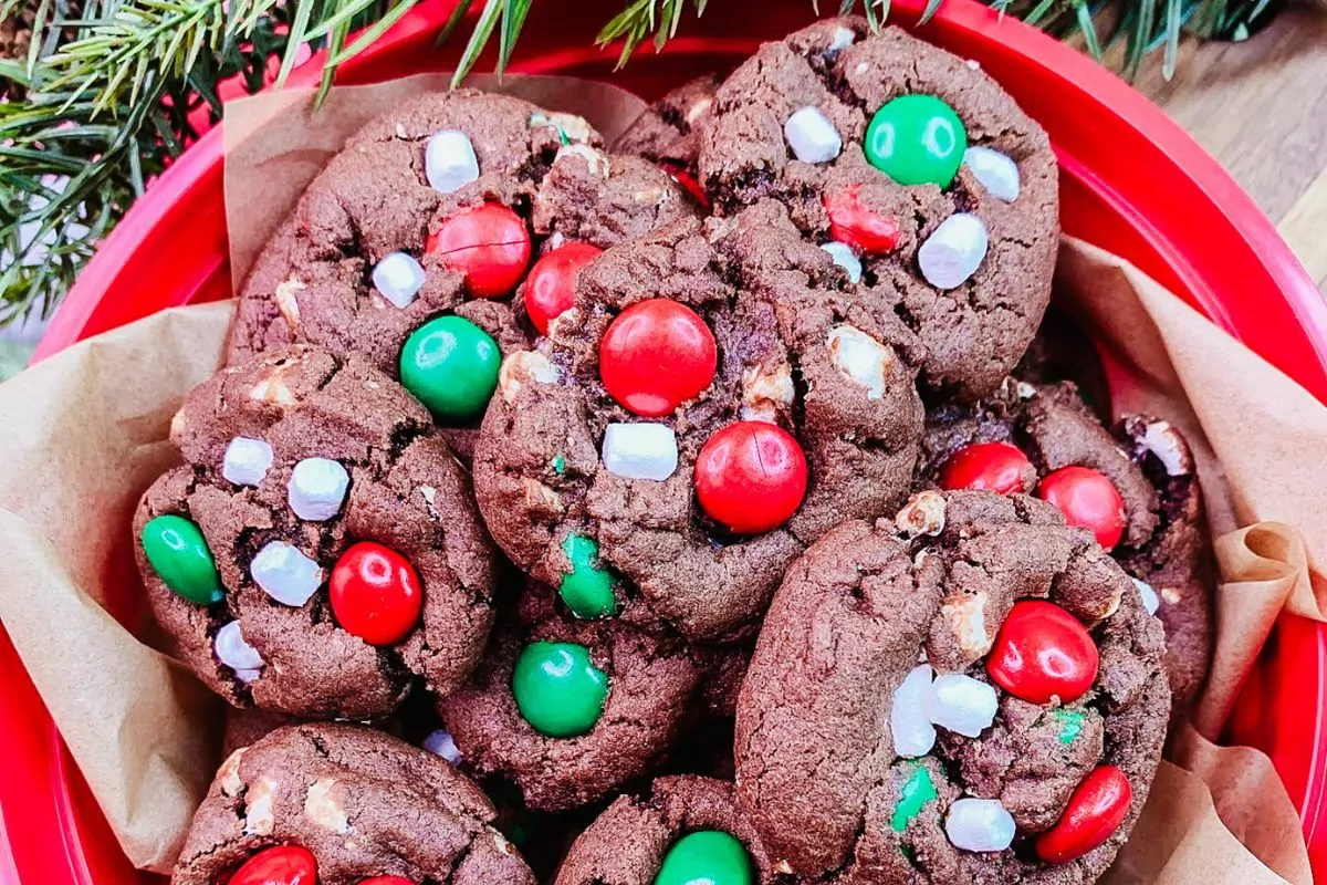 chocolate cookies with marshmallows and M&M's