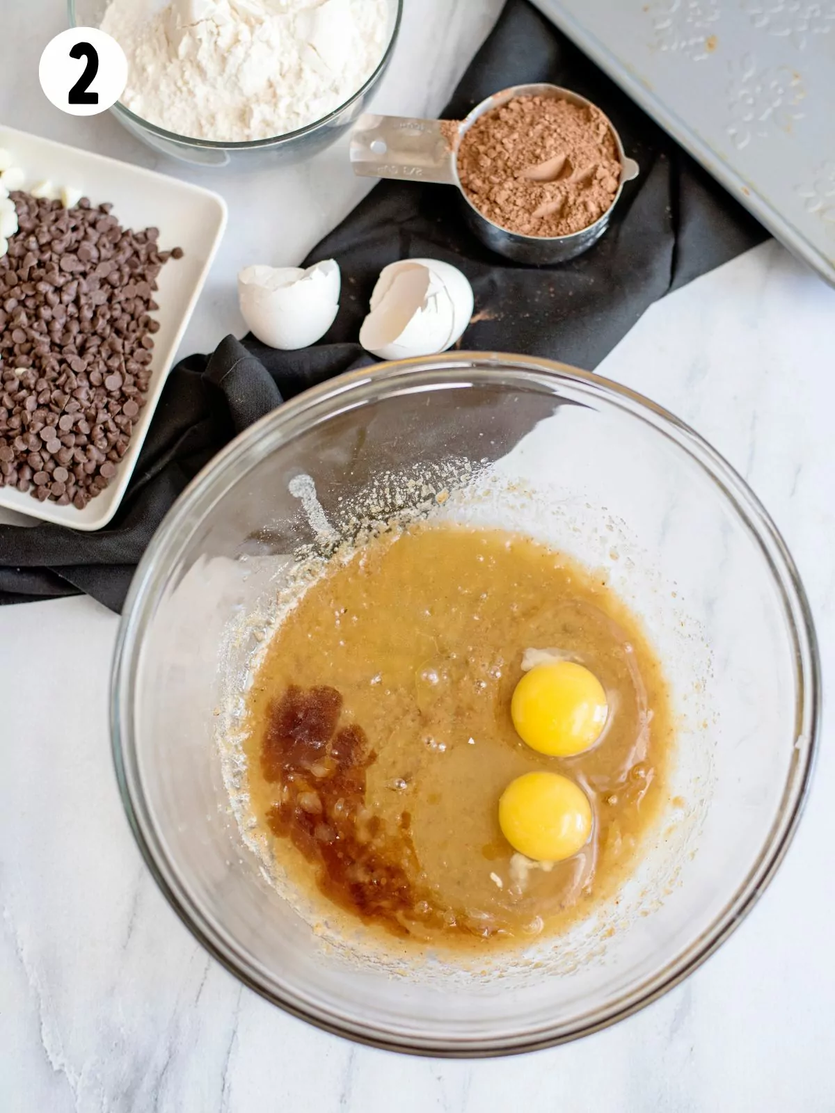 add eggs and vanilla to sugar mixture.