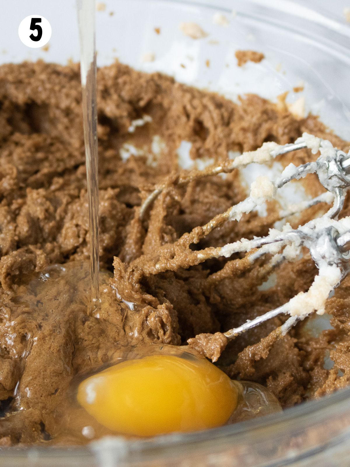 add egg to brown sugar, butter mixing in bowl.