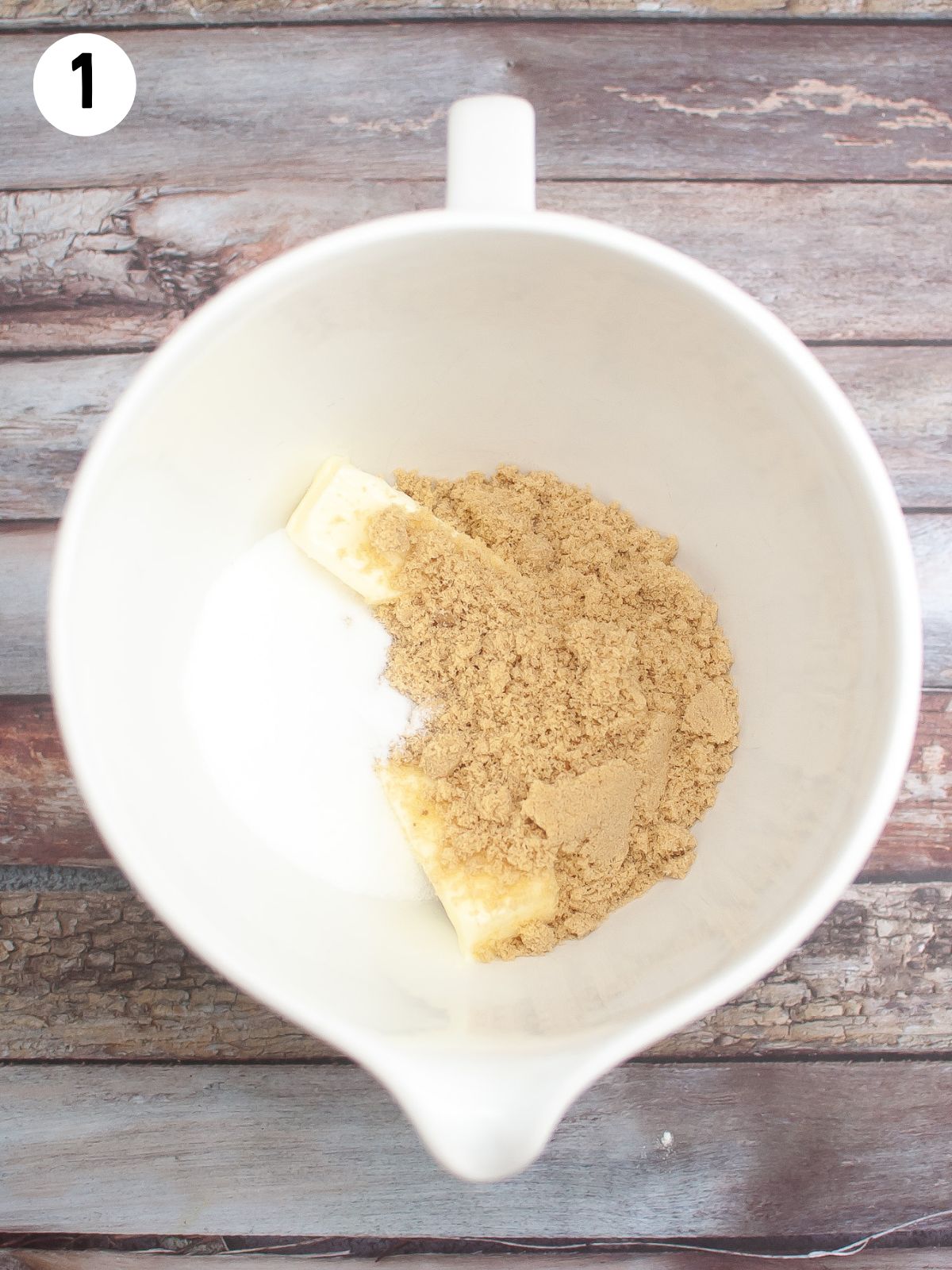 butter with brown sugar, white sugar in bowl.