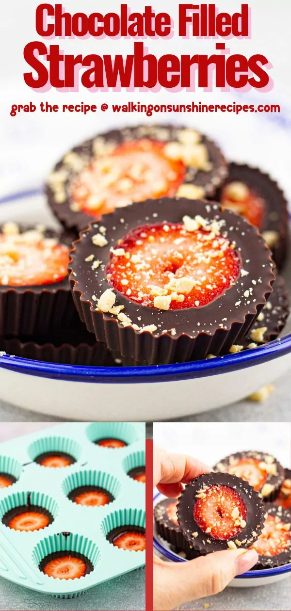 3 photos showing the process of making chocolate filled strawberries.