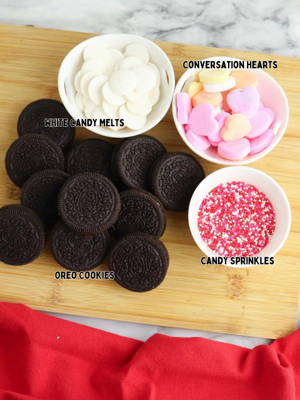Ingredients for Valentine's Day Oreos.