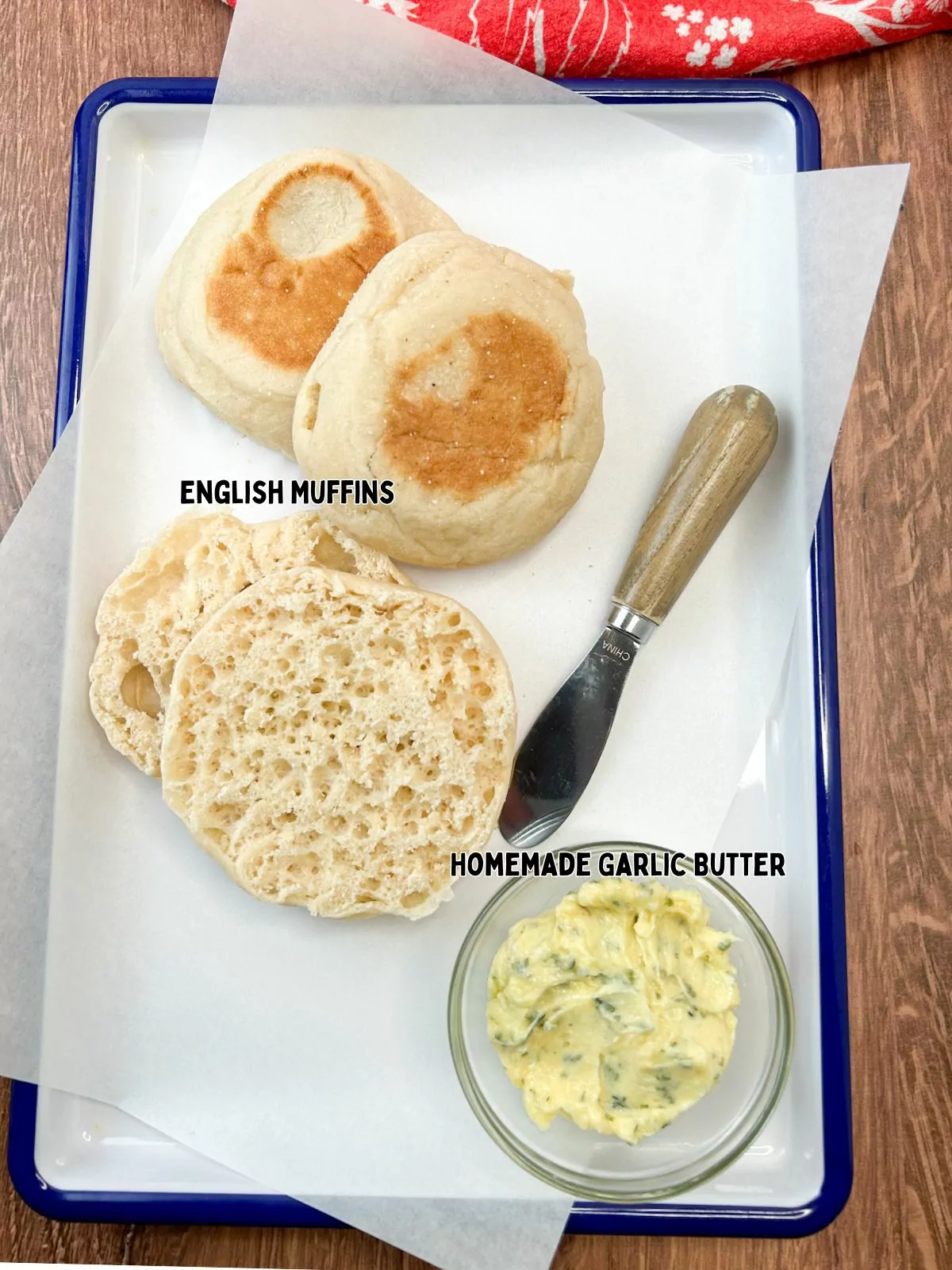 Ingredients for Garlic Butter with English muffins.
