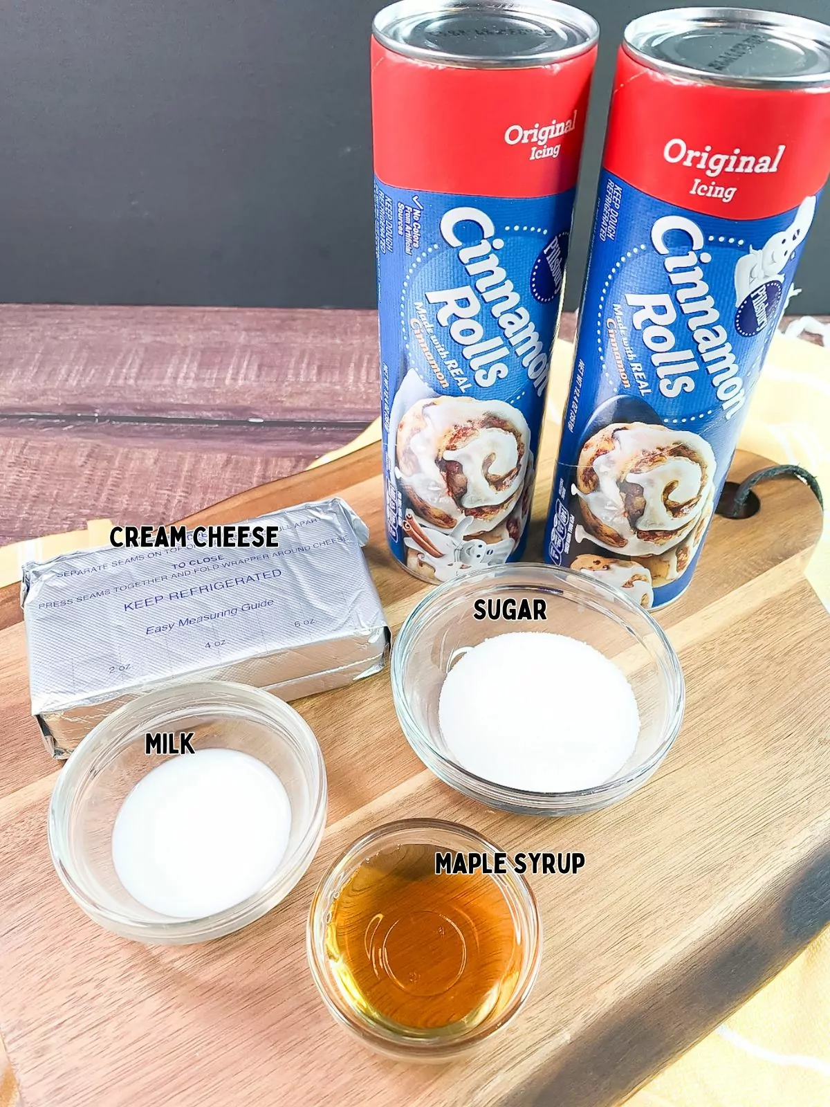 Ingredients for cinnamon roll casserole made with no eggs.