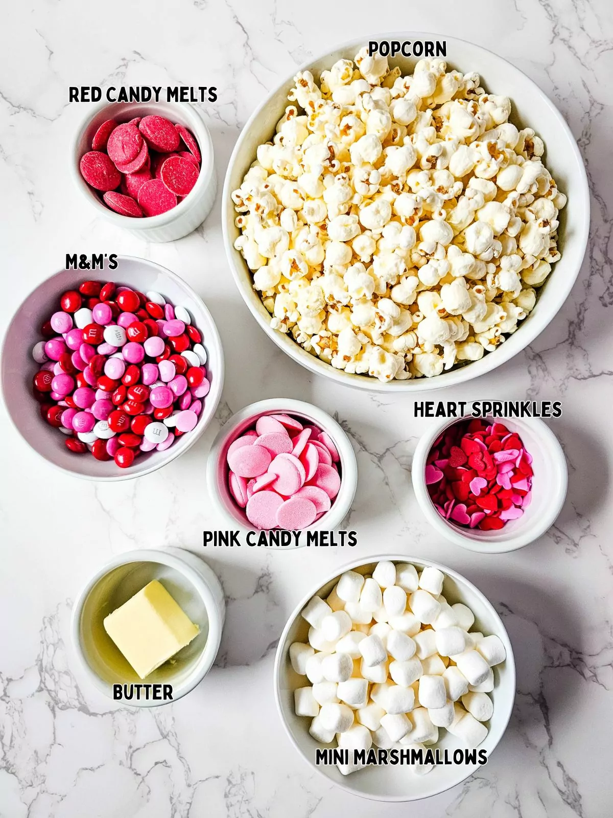 Ingredients for Valentine's Day candy popcorn.