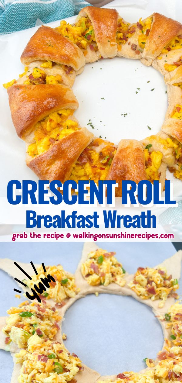 crescent rolls formed into a wreath shape and filled with scrambled eggs, cheese, bacon and green onions.