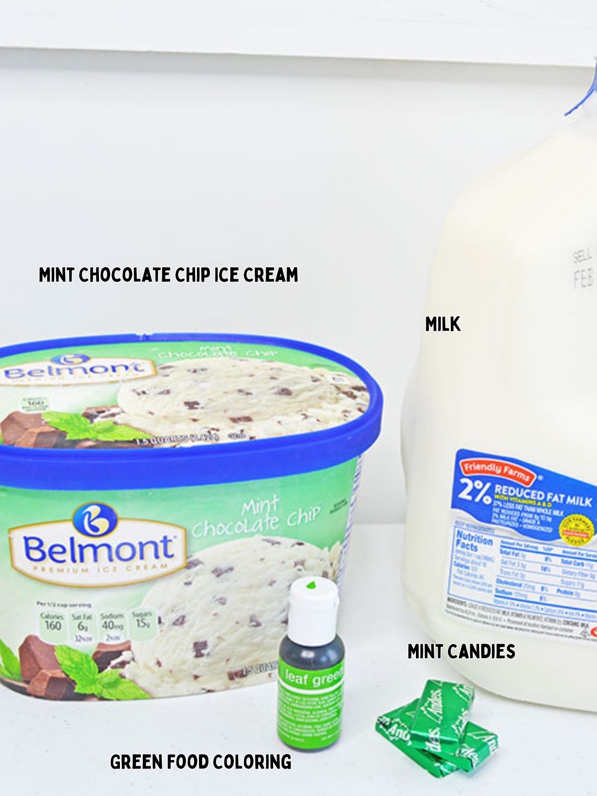 Ingredients for shamrock milkshake.
