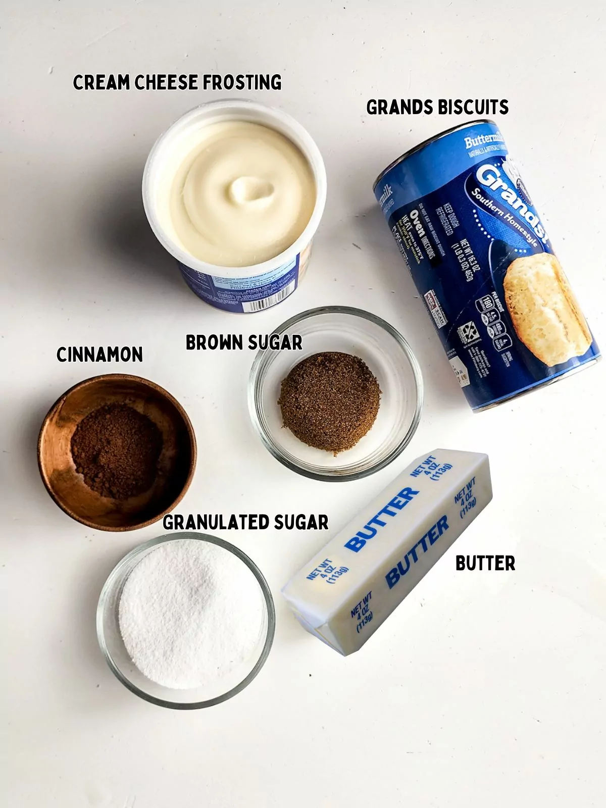 Ingredients for cinnamon rolls made with Grands Biscuits.