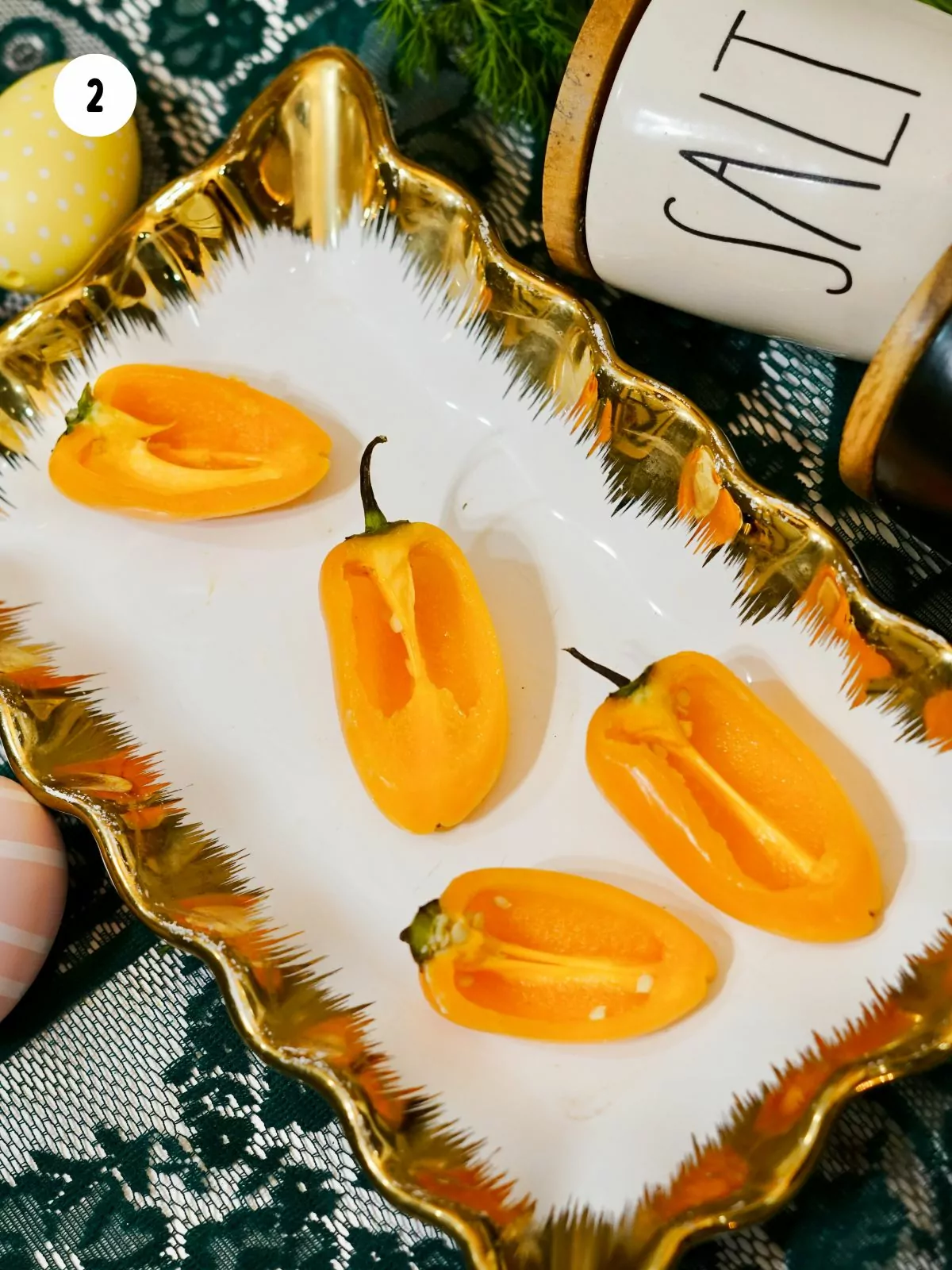 orange peppers sliced in half.