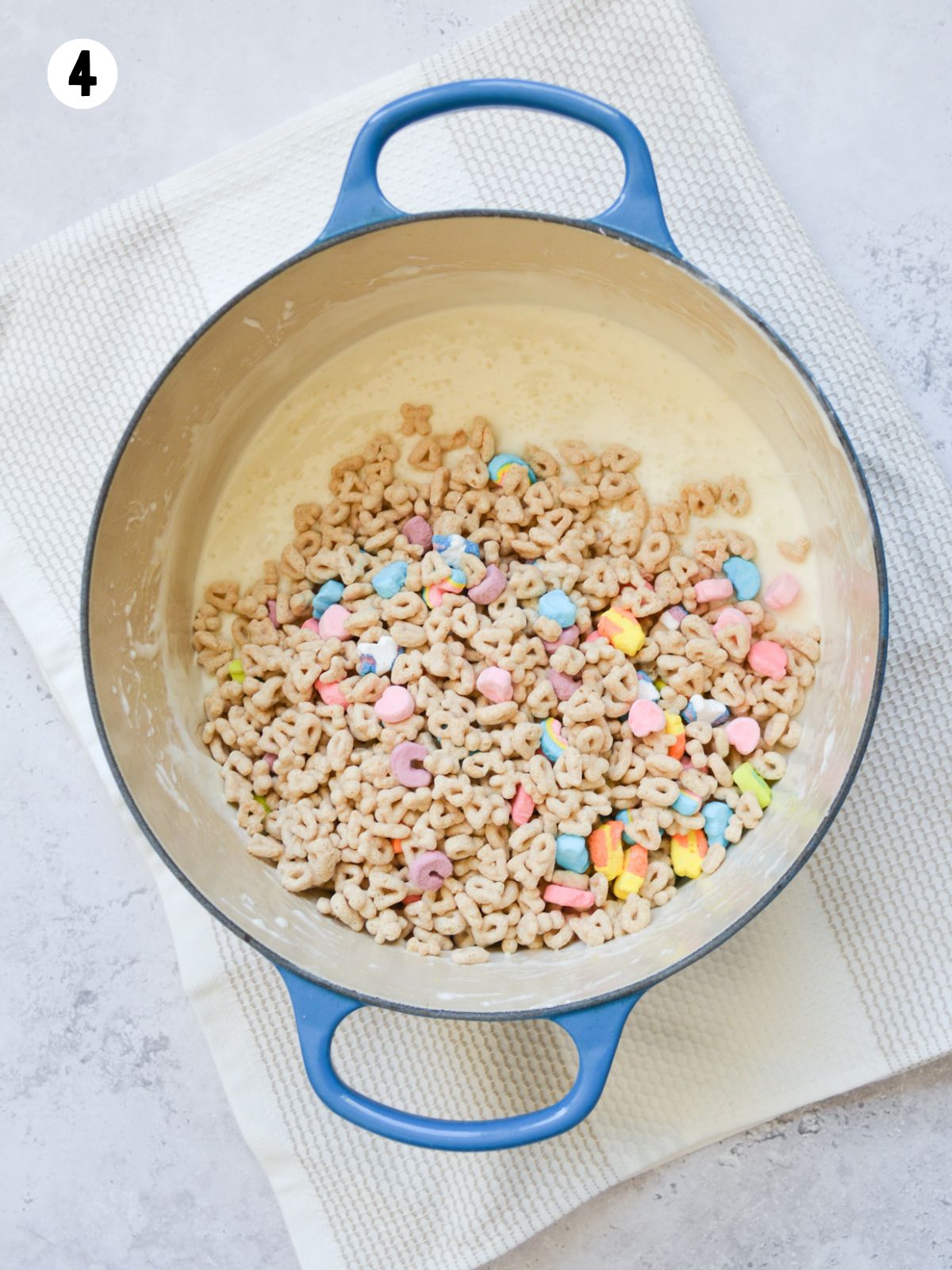 add cereal to melted butter and marshmallows in cast iron pan.