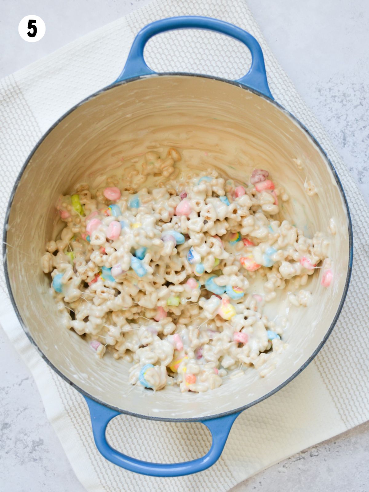 cereal bars with marshmallows combined in pan.