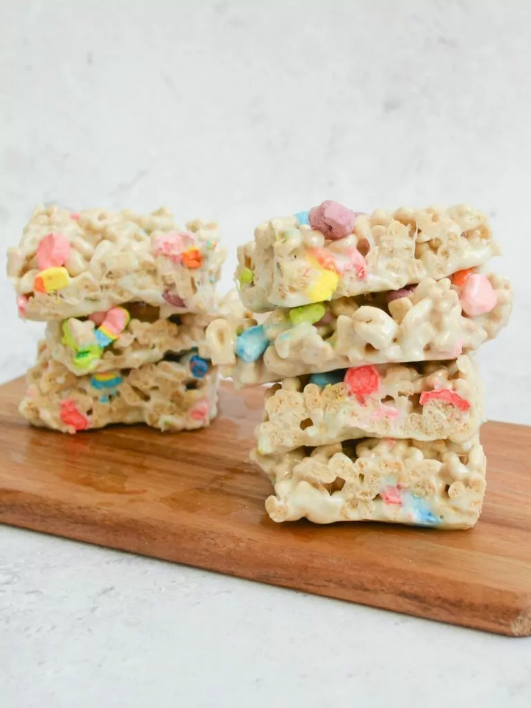 stacked cereal bars with colorful marshmallows.
