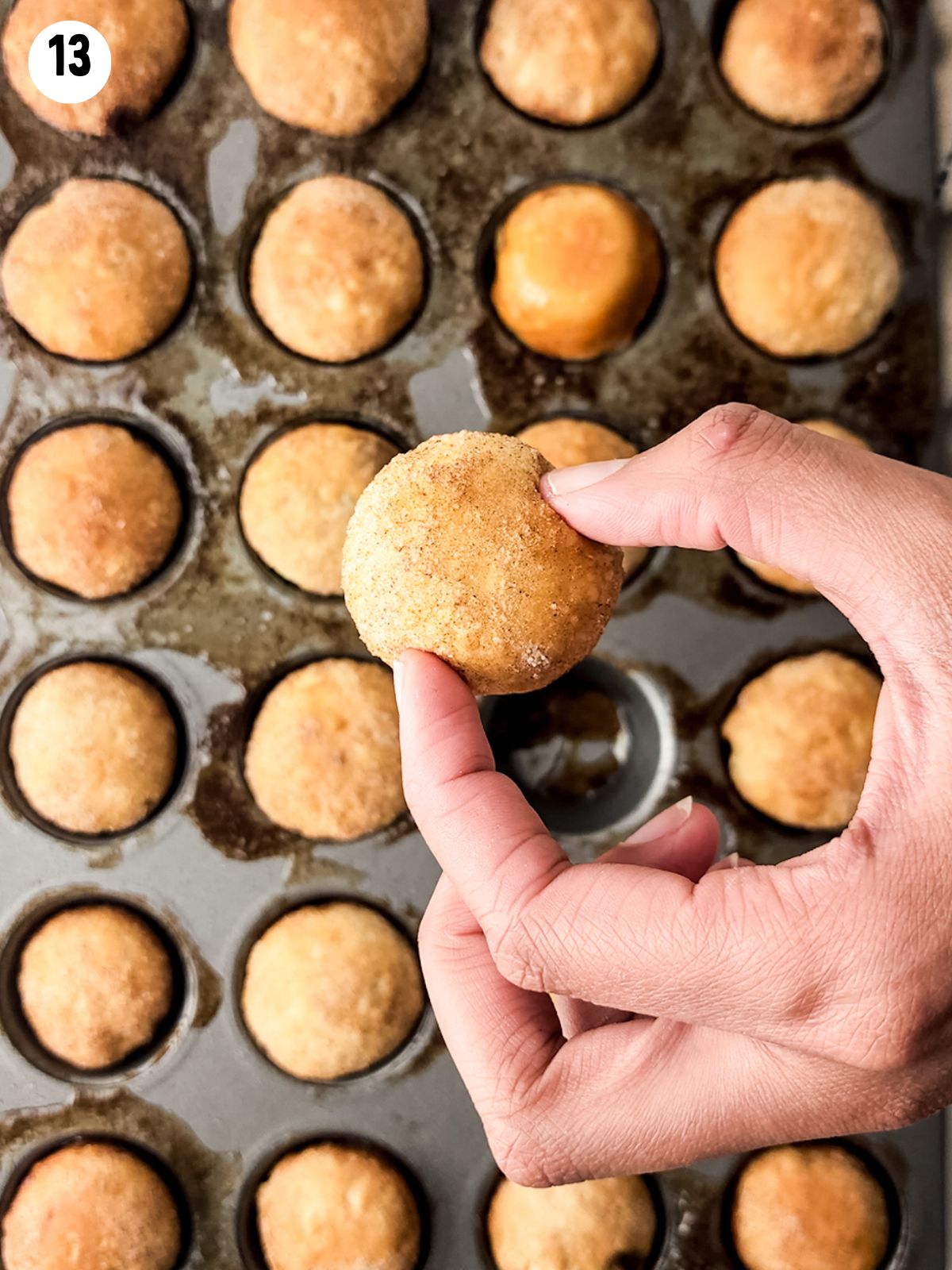 closeup of baked cinnamon roll balls.