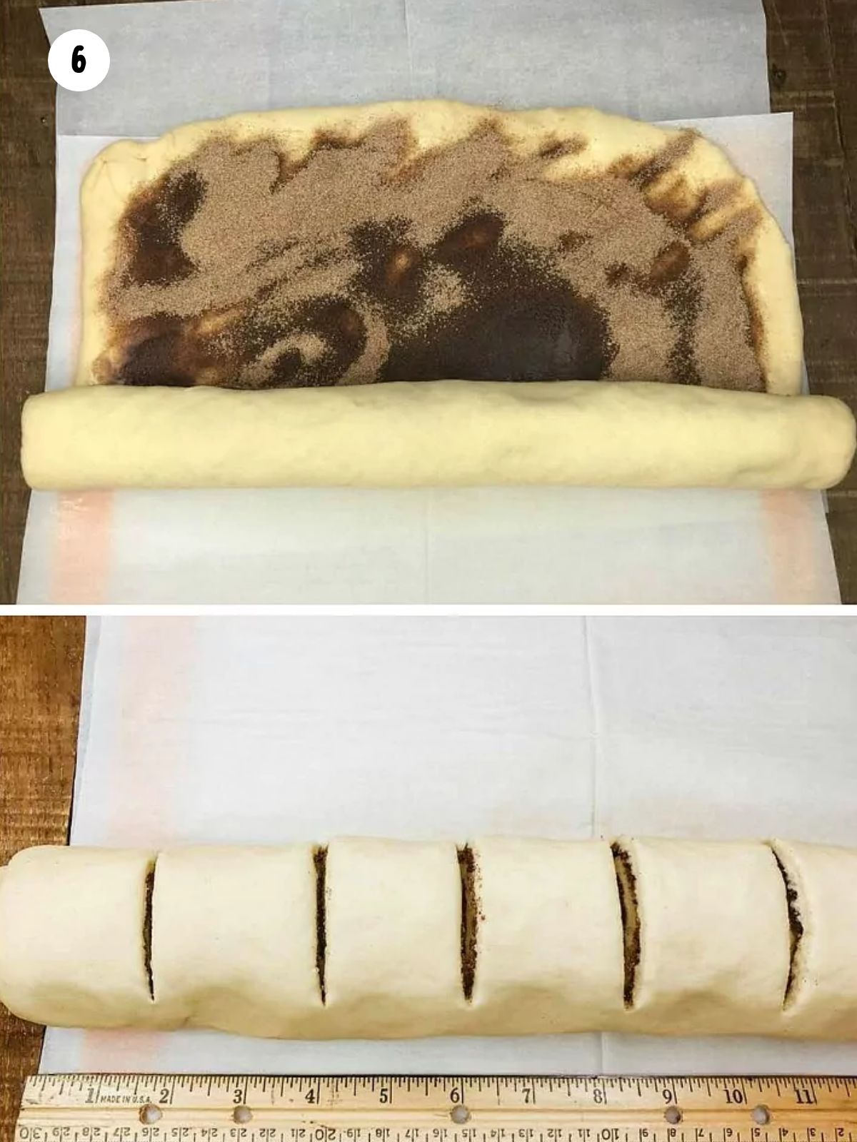 roll up and sliced cinnamon rolls with ruler for measuring.