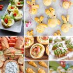 Photo of Easter appetizers including deviled eggs, crescent rolls, dip and bunny rolls.