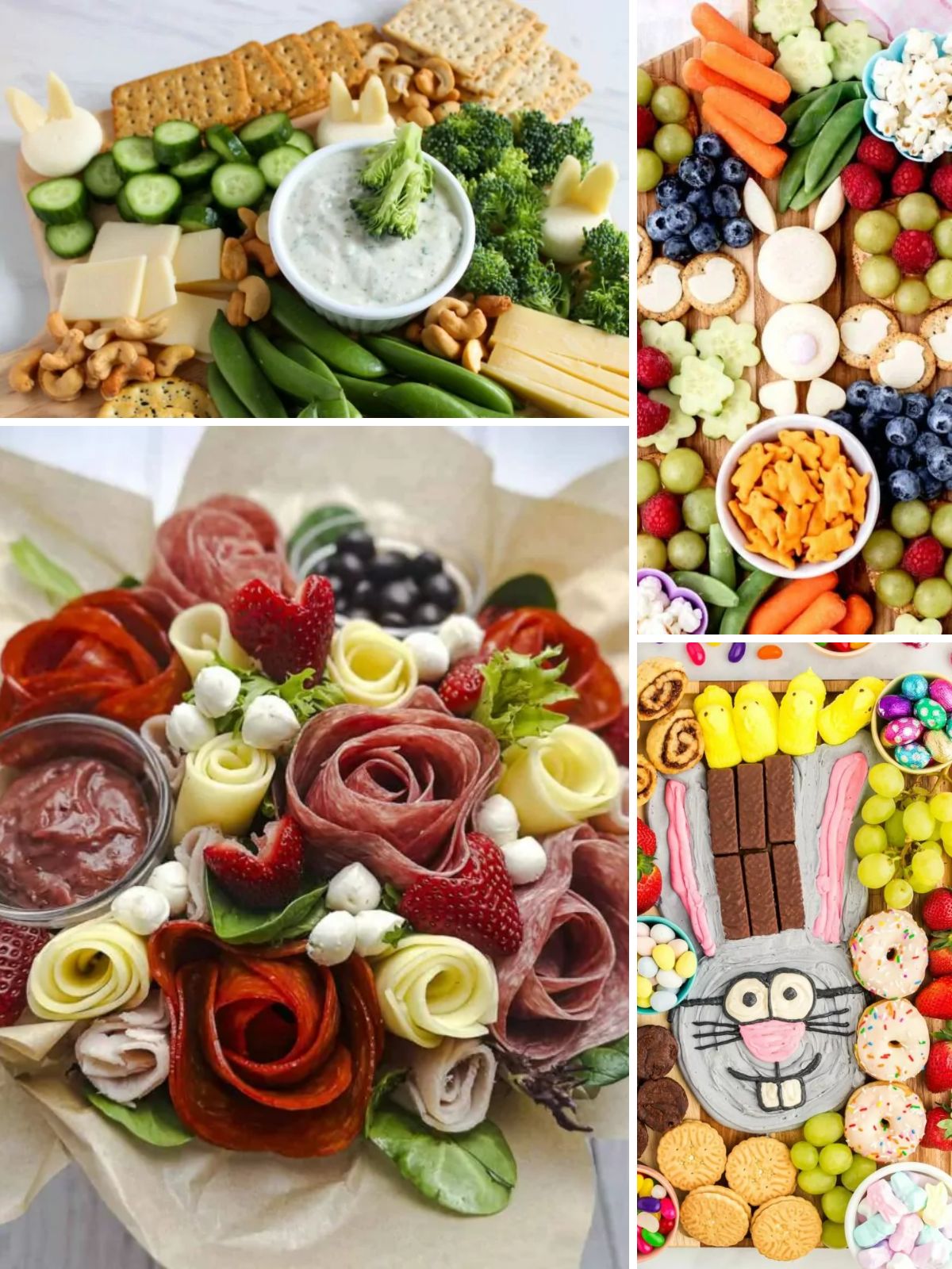 Easter charcuterie spread with meat, cheese and sweets.
