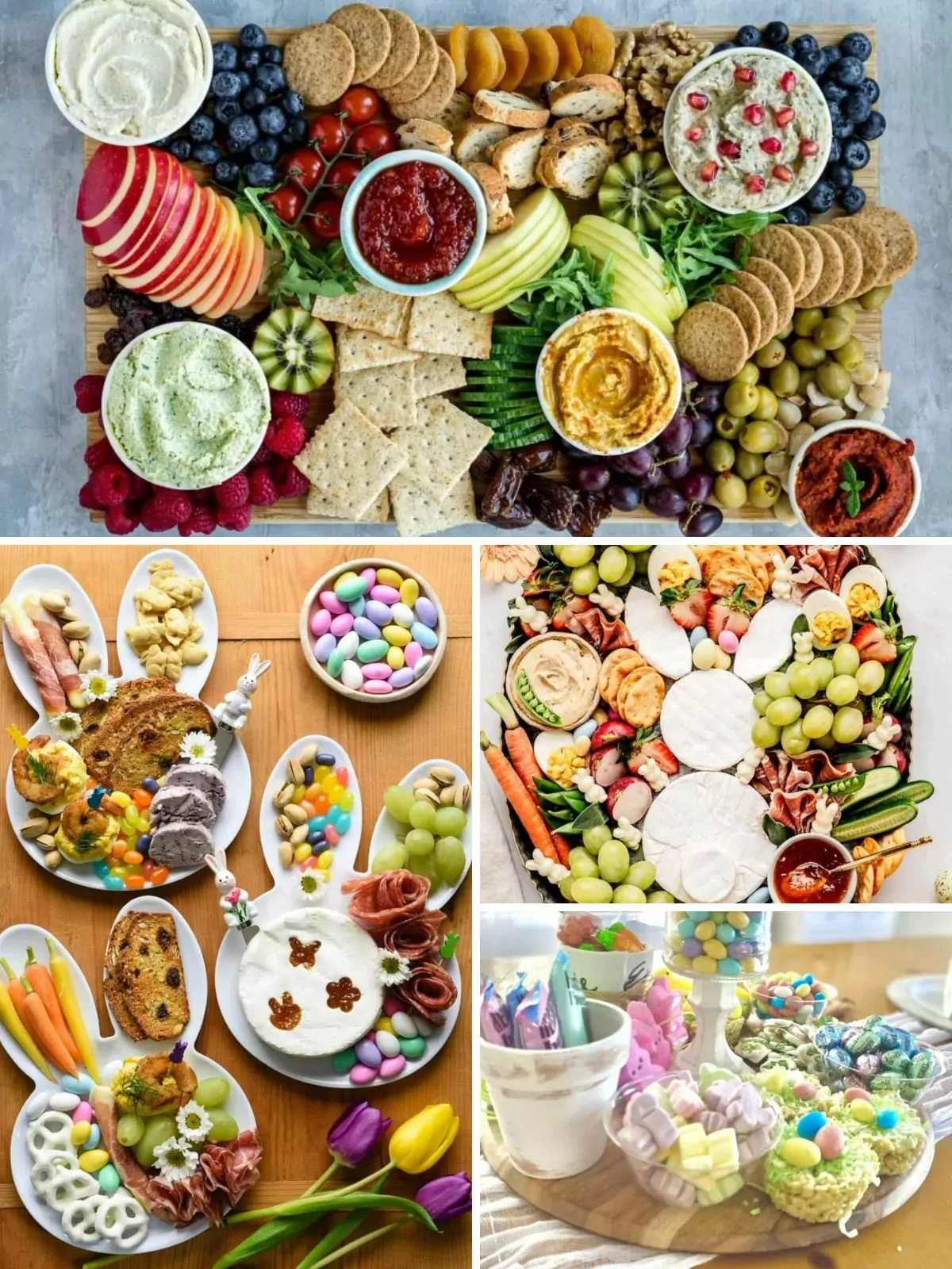 A collection of Easter charcuterie boards featuring cheeses, bunny-shaped dips, and pastel-colored candies.