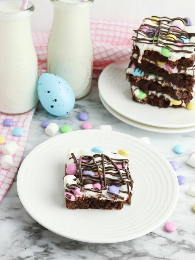 Easter Brownies served on white plates.
