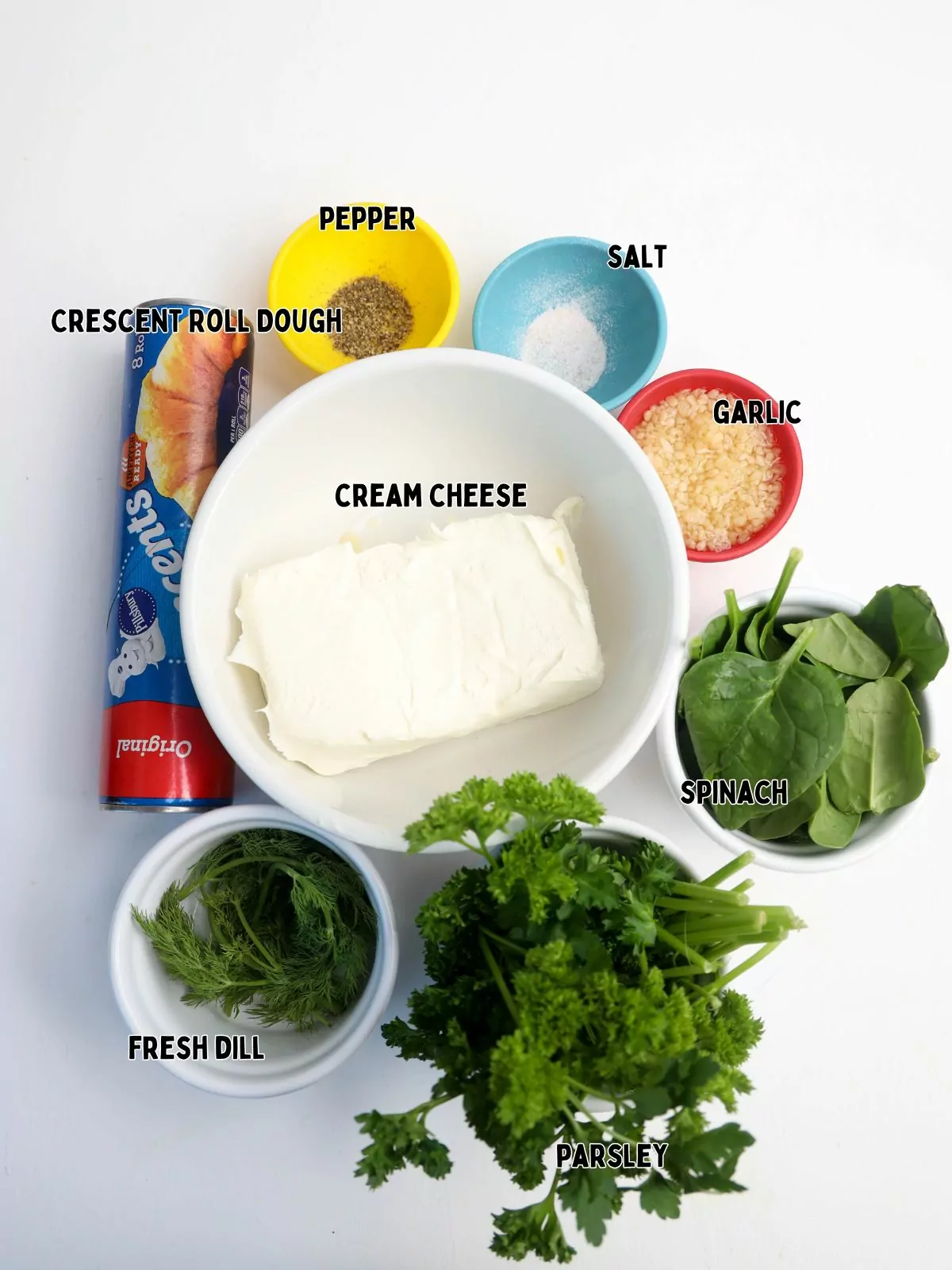 Ingredients for spinach dip and crescent rolls