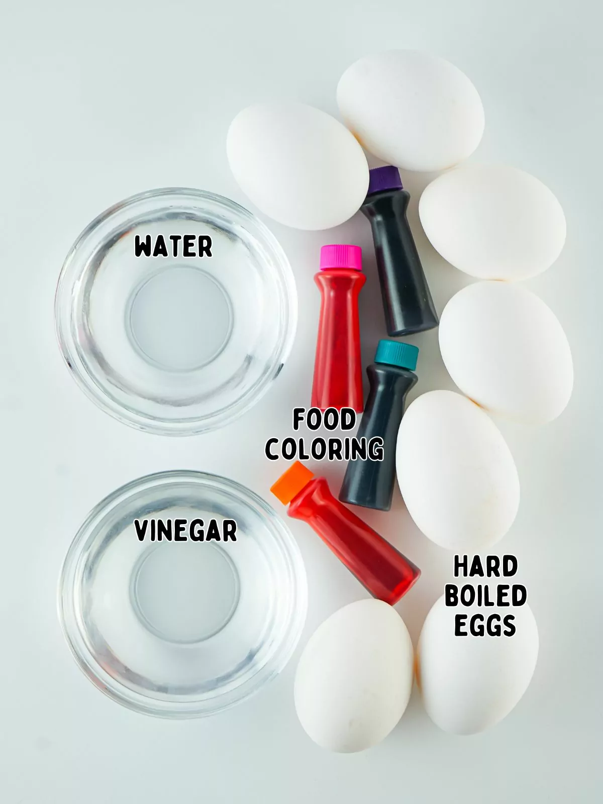 ingredients for colored eggs with food coloring.