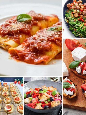 Italian recipes featuring appetizers, salad and pasta.