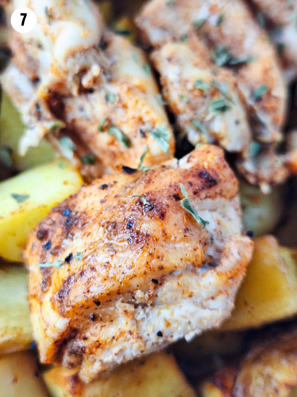 closeup of chicken cooked in air fryer.