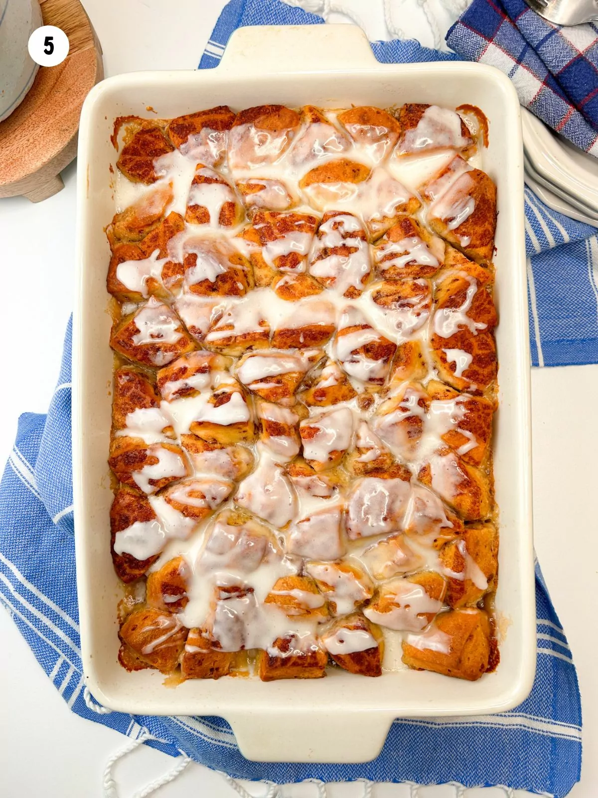 Pillsbury cinnamon rolls baked in casserole dish.