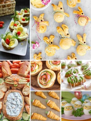 Photo of Easter appetizers including deviled eggs, crescent rolls, dip and bunny rolls.