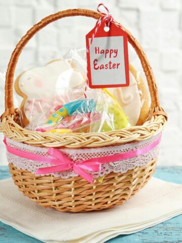 Easter basket with bunny shaped cookies.