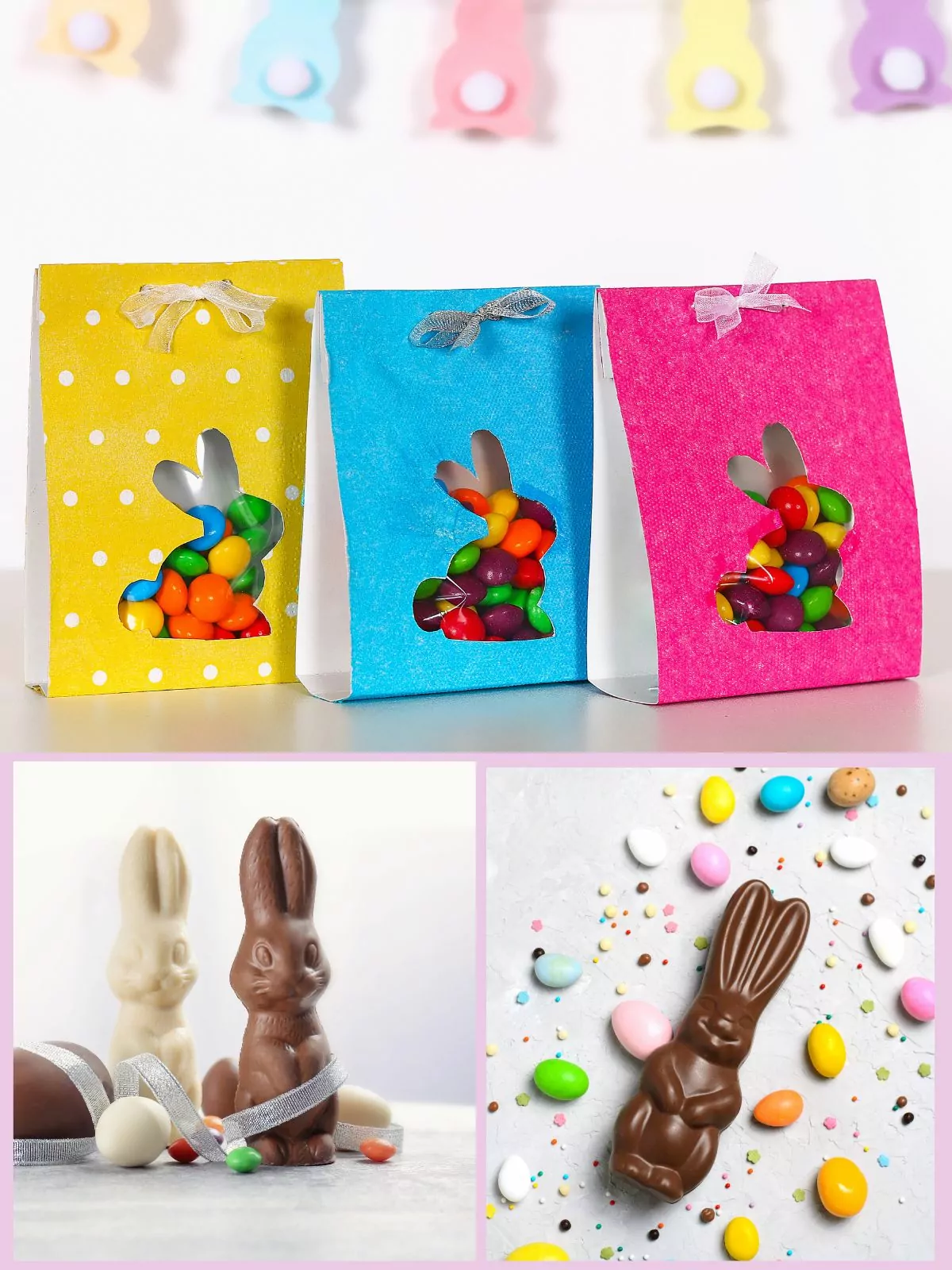 A colorful display of Easter candy classics, including chocolate bunnies, and jelly beans.