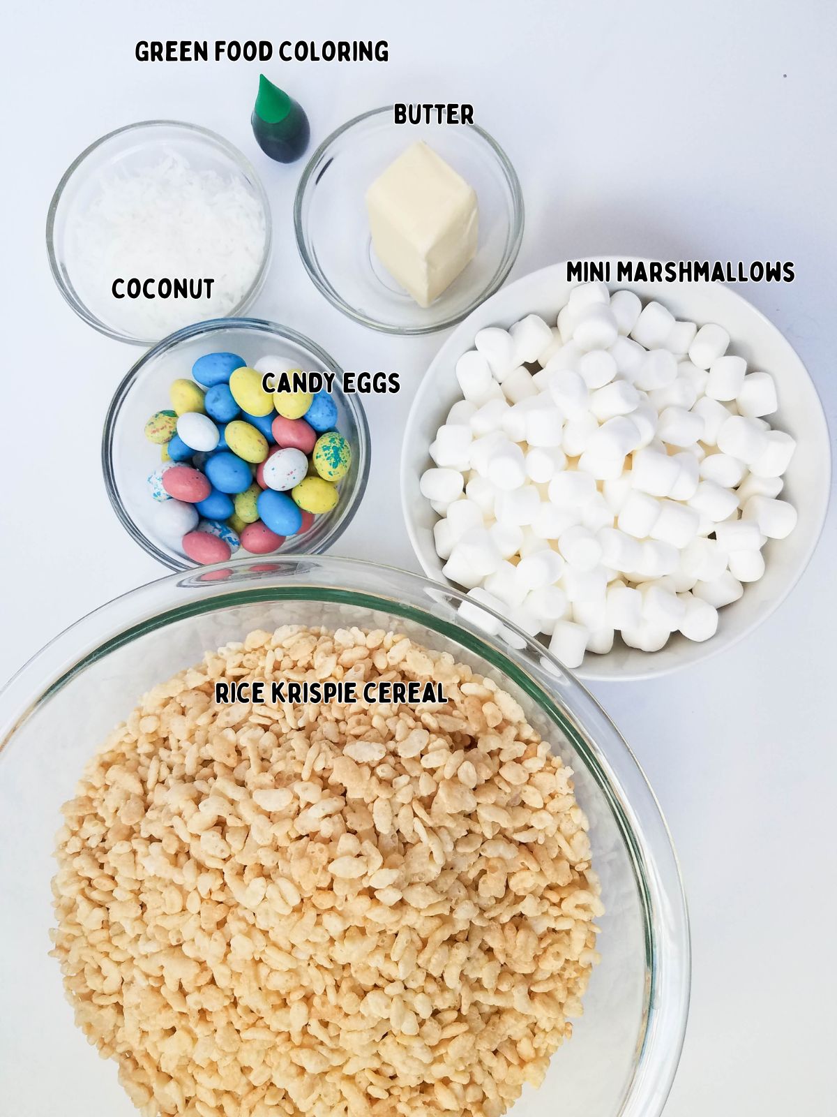 ingredients for rice krispie nests with mini eggs.