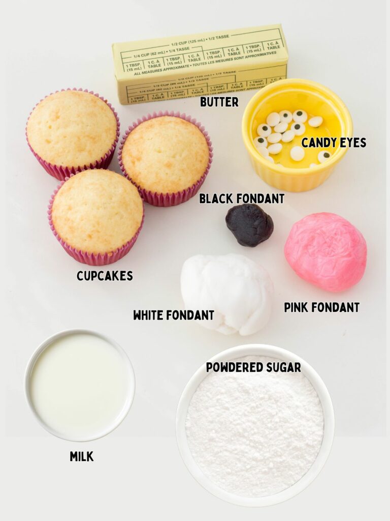 ingredients for easter bunny cupcakes.
